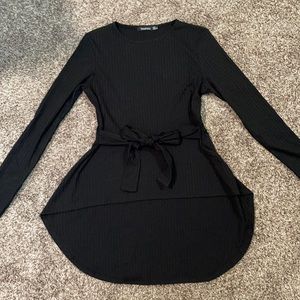 High-low black top with belt tie